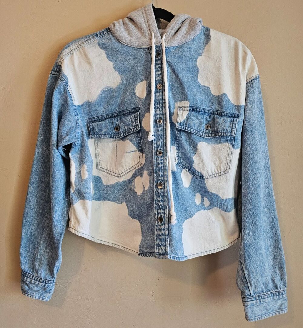 American Eagle Womens Hooded Jean Jacket Short Denim Bleached Clouds Sz S Blue
